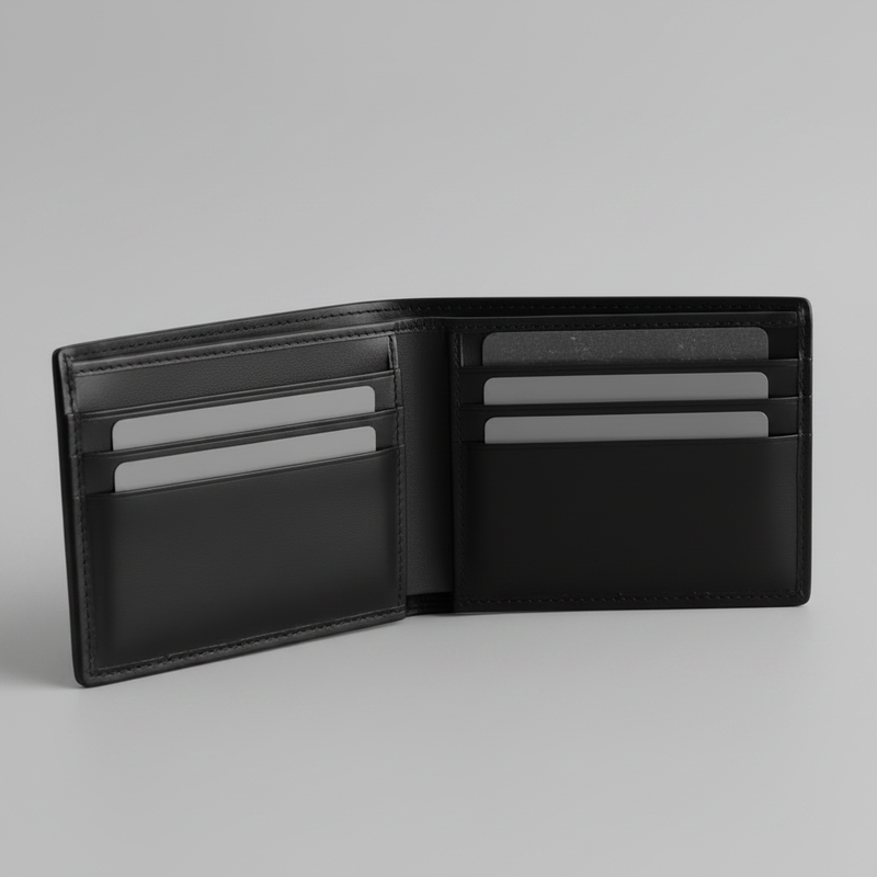 Black leather bifold wallet clean product photo